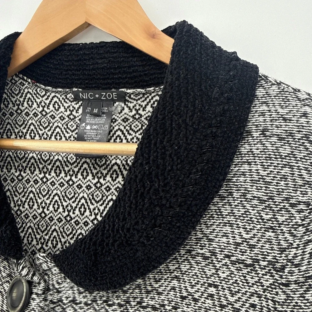 NIC+ZOE Womens Geometric Lace Trim Knit Jacket Cardigan Black White‎ Medium